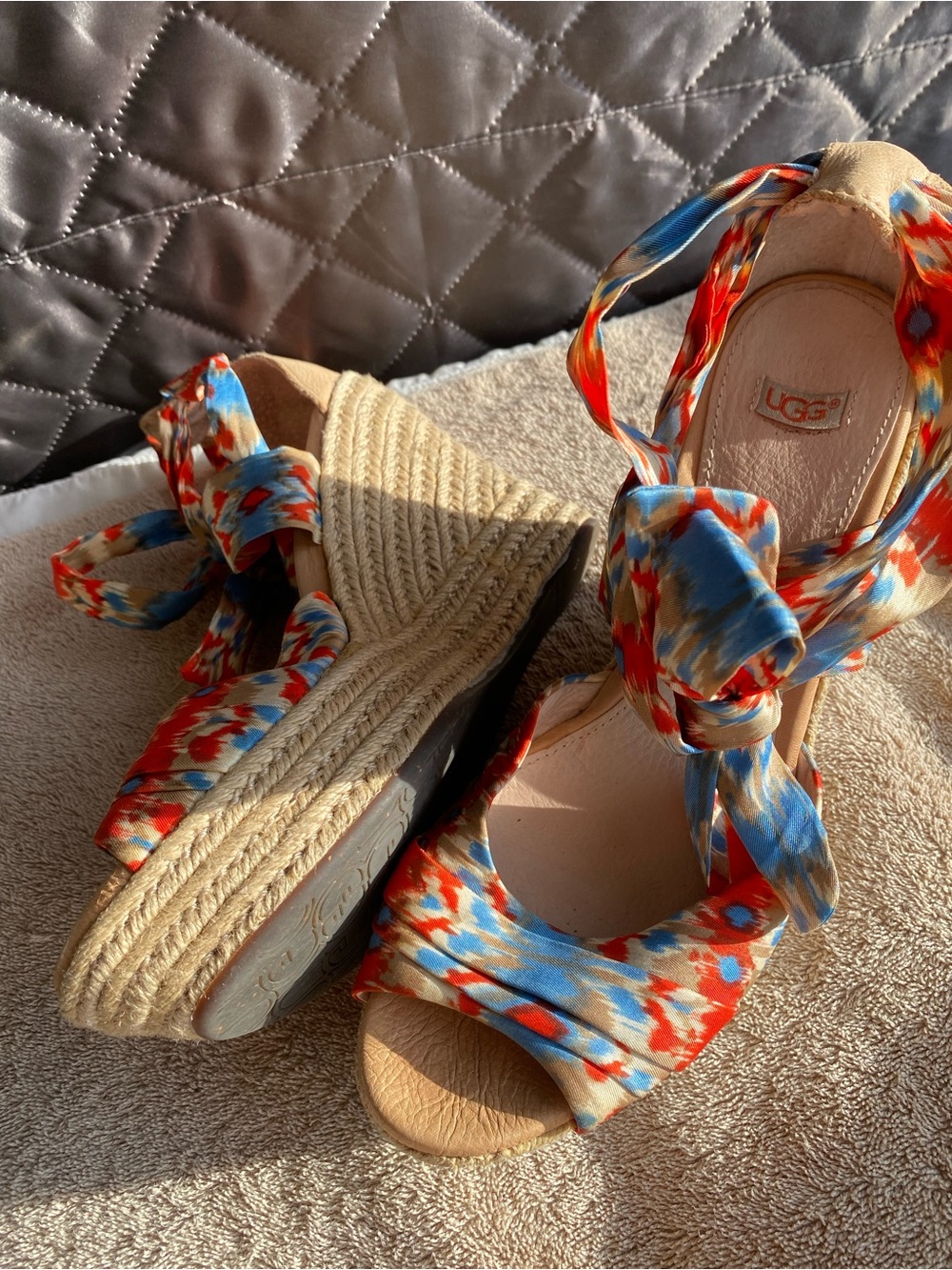 UGG Lucianna Marrakesh Ikat Silk Ribbon Tie Espadrille Wedges - Size 8.5